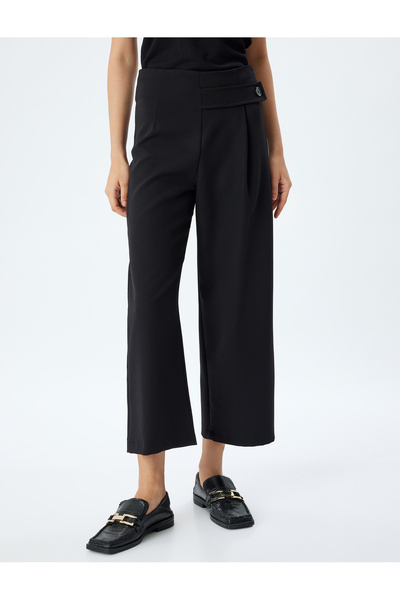 Koton Yüksek Bel Kumaş Pantolon Düz Kısa Paça Yarım Kemer ve Pile Detaylı