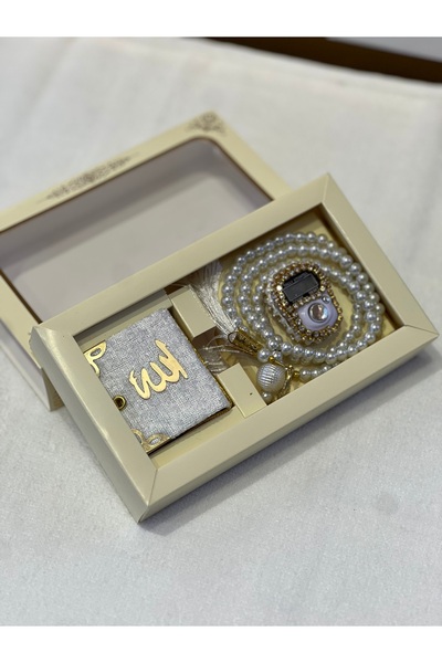 BHT Kutulu Mini Kuran-ı Kerim Tesbih ve taşlı zikirmatik set Beyaz