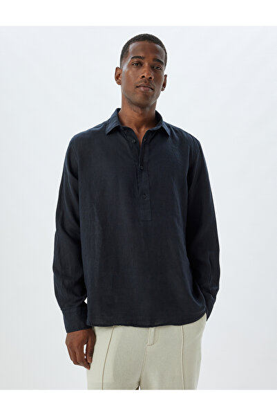 Koton Keten Gömlek Uzun Kollu Düğme Detaylı Gömlek Yaka Regular Fit
