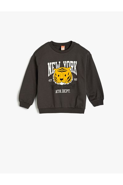Koton Lion Printed Cotton Long Sleeve Sweatshirt - Crew Neck