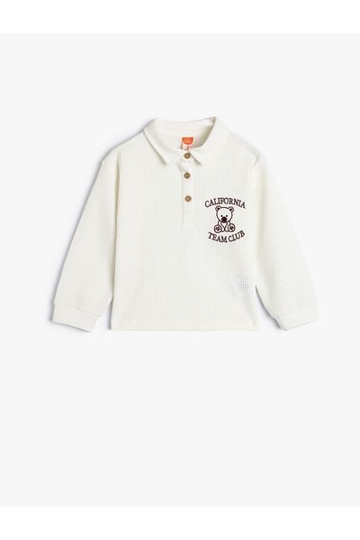 Koton Textured Long Sleeve Polo Collar Sweatshirt - Embroidered Detail
