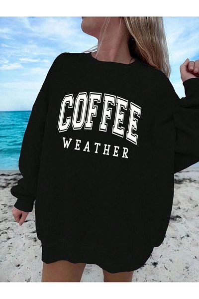 Pink Sky Coffee Wather Printed Black Oversize Sweatshirt