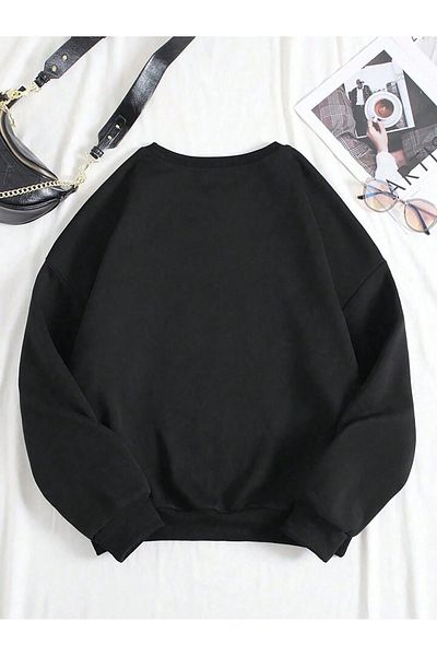 Pink Sky Coffee Wather Printed Black Oversize Sweatshirt