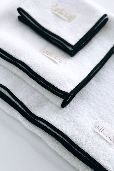 Stella Belli 100% бавовняний набір з 3 рушників для ванної кімнати, готелю, пляжу | Білий колір | Soura | Край чорний, спеціальна обробка