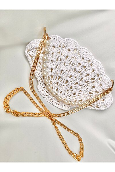 DNA MODA White Mussel Bag with Pearl Necklace Detail / Mussel Bag with Pearl Pendant / Mussel Bag with Pearls