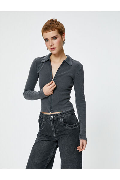 Koton T-Shirt mit Polokragen und Reißverschluss, langärmelig, gerippt, Slim Fit, Baumwolle