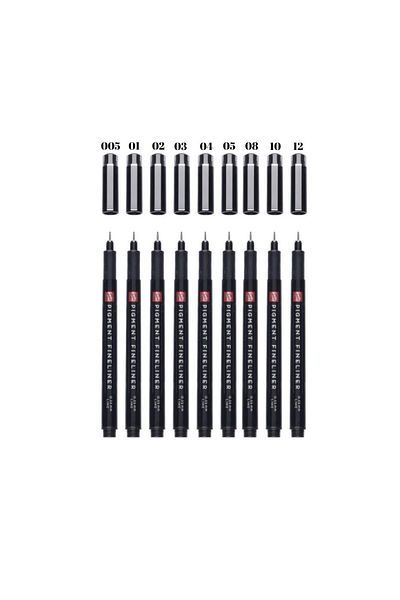 Talens 9-Piece Pigment Fineliner Black Technical Drawing Pen Set - All Numbers