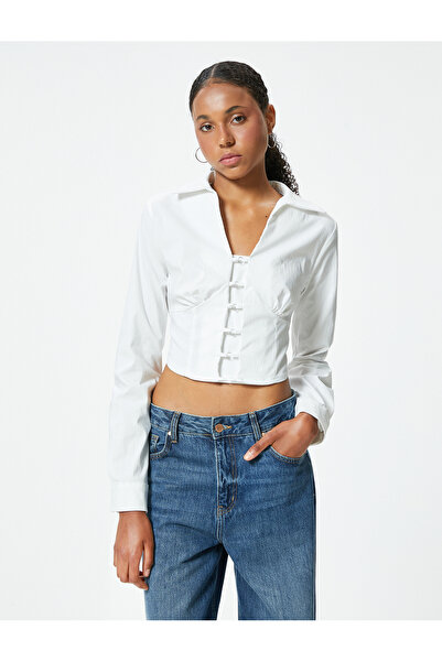 Koton V-Neck Long Sleeve - Crop Blouse with Metal Accessories