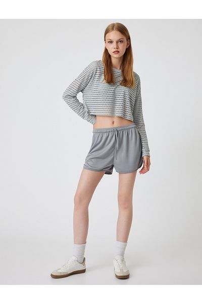 Koton Crew Neck Openwork Long Sleeve Oversize Crop Sports T-Shirt