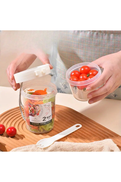 BGSignature 2-Layer Bpa Free Salad and Container - with Sauce Bowl, Carrying String and Spoon/Fork Set