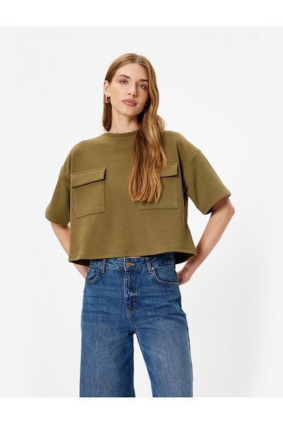 Koton Capped Pocket Detailed Short Sleeve Crew Neck Crop T-Shirt