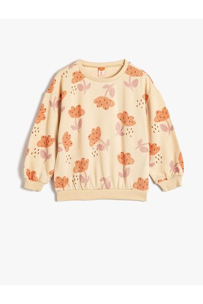 Koton Crew Neck Cotton Ribbed Floral Long Sleeve Sweatshirt