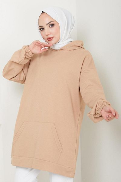 hafsamina Camel Colored Kangaroo Pocket Hooded Sweatshirt - Hm2510