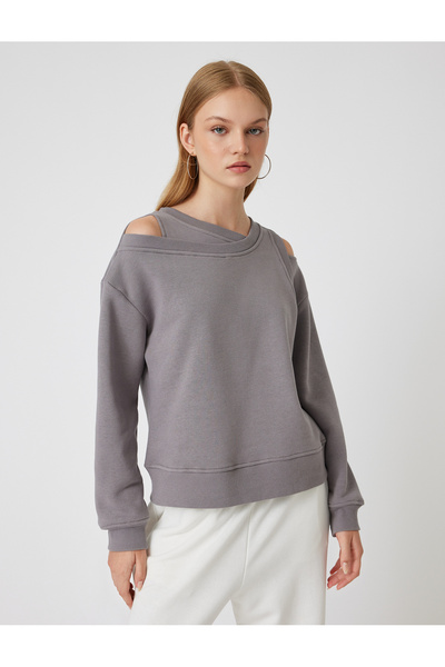 Koton Raster Oversize Sweatshirt Asymmetrical Neck Window Detail Long Sleeve Ribbed