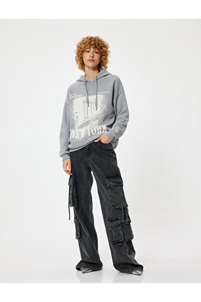 Koton Long Sleeve Oversize Hooded Sweatshirt - Slogan Printed
