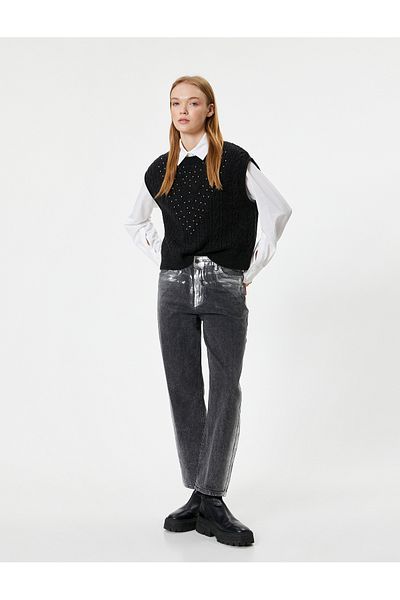 Koton Stone Detailed Knitwear Sweater - Crew Neck, Sleeveless