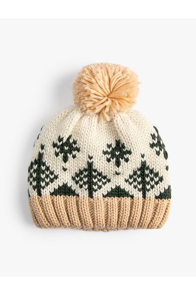 Koton Knitted Beret with Pompom and Pattern