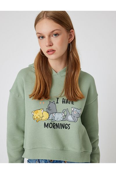 Koton Φούτερ Cat Printed Oversize Crop - Hooded