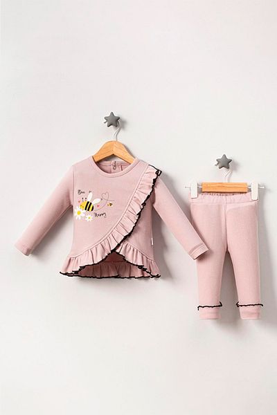 TRENDİMİZBİR Bee Happy Baby Girl Double Set - Bee Printed, Dried Rose