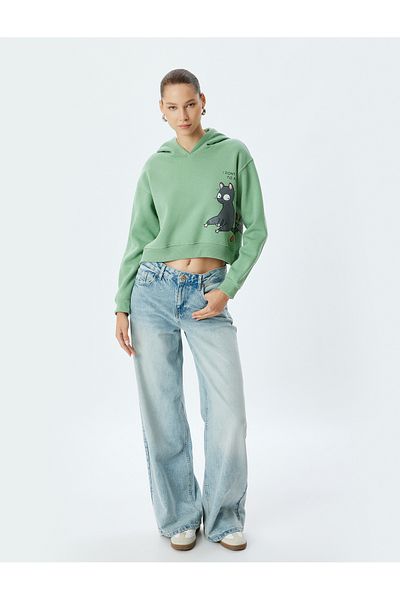 Koton Oversize mikina s kapucí Cat Printed Crop - Rastr