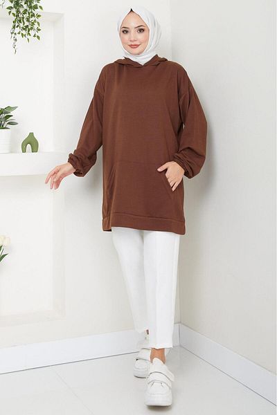 hafsamina Brown Hooded Sweatshirt Tunic - Kangaroo Pocket, Hm2510