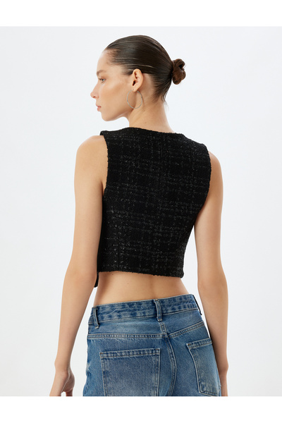 Koton Tüvit Yelek Crop Kolsuz Düğmeli V Yaka Slim Fit