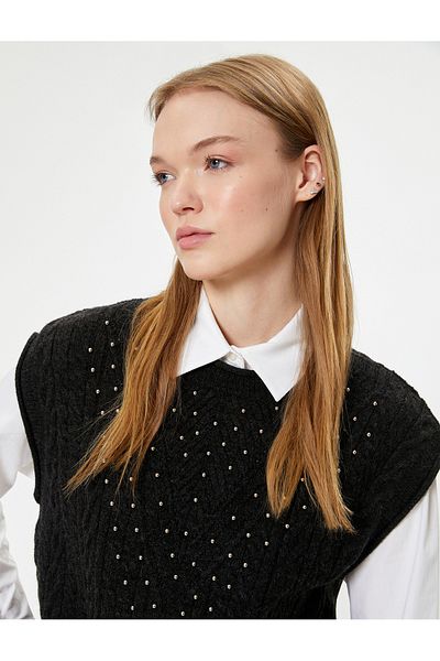 Koton Stone Detailed Knitwear Sweater - Crew Neck, Sleeveless