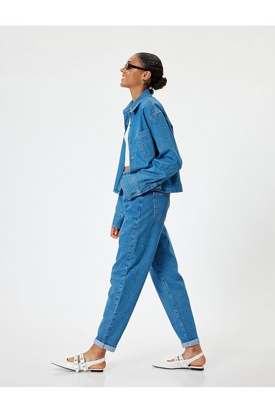 Koton Pantaloni Mom Jean cu nasturi cu talie înaltă elastică