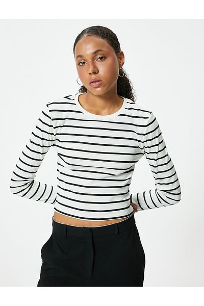 Koton Crew Neck Slim Fit Long Sleeve Cotton Crop T-Shirt