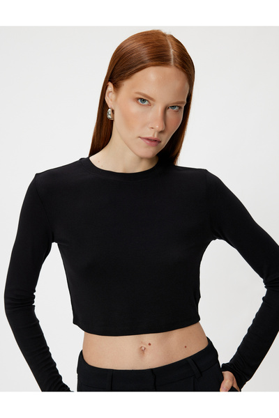 Koton Μακρυμάνικο Crop Basic Body με στρογγυλό λαιμό ύφασμα βισκόζης