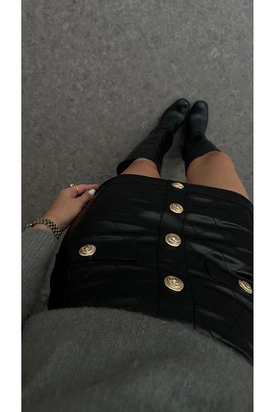 HAZELANNA Buttoned Black Leather Skirt