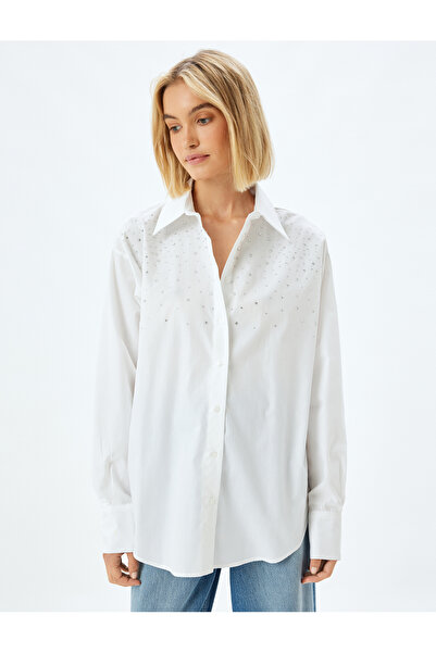 Koton Βαμβακερό μακρυμάνικο πουκάμισο ποπλίνα - πέτρινη λεπτομέρεια