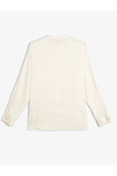 Koton Long Sleeve Satin Shirt - Collarless, Applique Pocket Detail