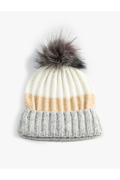 Koton Color Blocked Pompom Knitted Beanie - Fold Detailed
