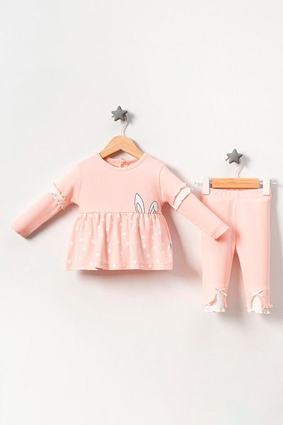 TRENDİMİZBİR Polka Dot Rabbit Ear Patterned Baby Girl Double Set - Salmon