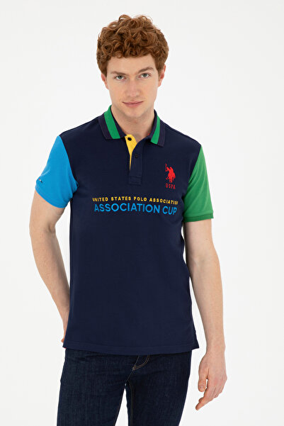U.S. Polo Assn. تي شيرت رجالي ذو قصة ضيقة وياقة بولو باللون الأزرق الداكن 502...