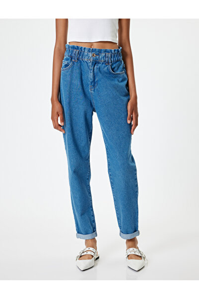 Koton Elasztikus derekú, magas derekú gombos Mom Jean nadrág