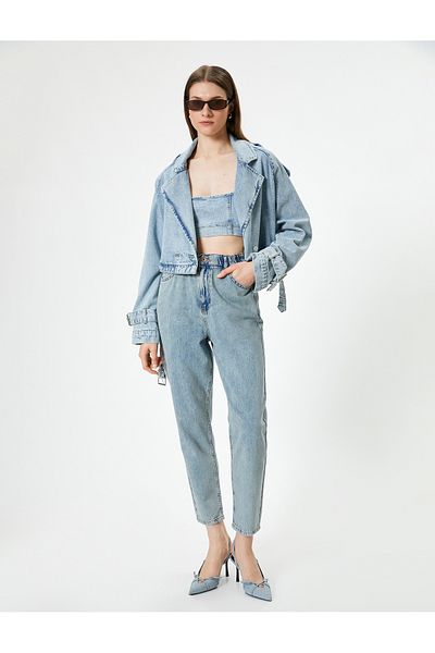 Koton Pantaloni din denim cu talie înaltă, picior scurt elastic - Mom Jean
