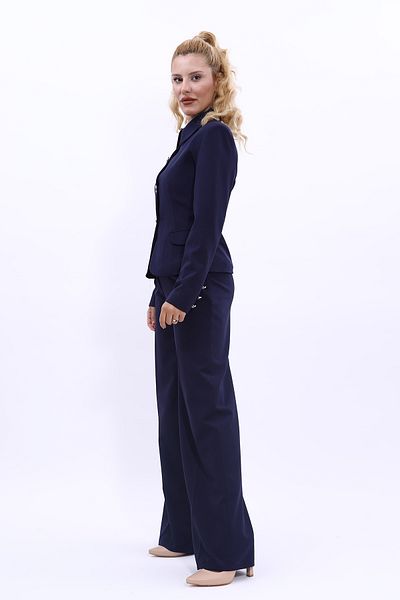 ÖNDER ÖZSOY Peplum Jacket & High Waist Wide Leg Trousers Set-Navy Blue