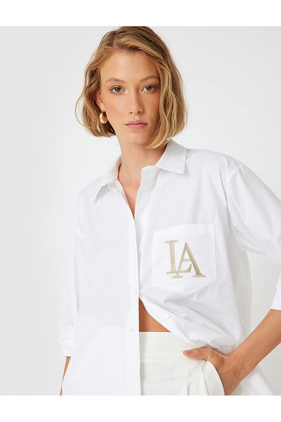 Koton Cotton Long Sleeve Regular Fit Shirt - Pocketed Embroidery Detail