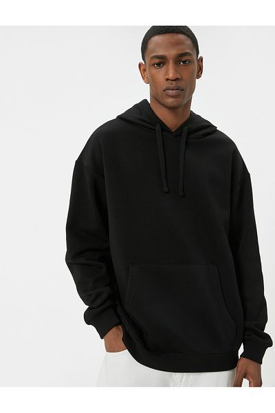 Koton Oversize φούτερ με κουκούλα Basic μακρυμάνικο καγκουρό τσέπη με λεπτομέρεια