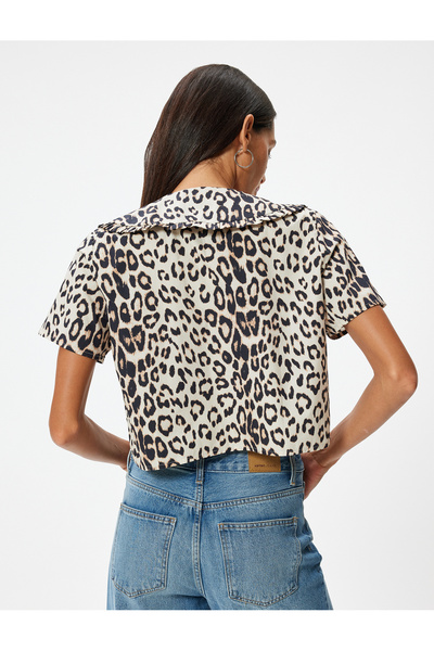 Koton Leopard Patterned Slim Fit Blouse - Baby Collar and Lace Detail
