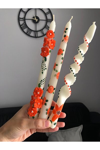 Elif Design 3’lü turuncu çiçek detaylı mum seti / el boyaması kabartmalı şamd...