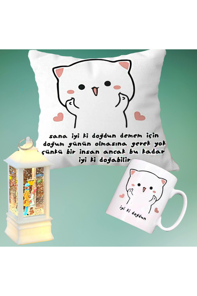 rk tasarım İyi Ki Doğdun Doğum Günü Yastık & Kupa & Sokak Lambası Romantik Aş...