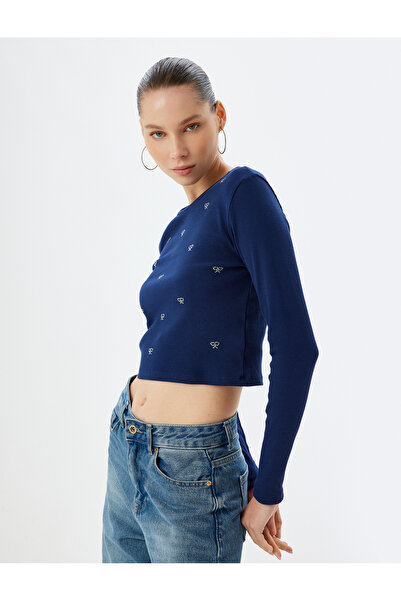 Koton Μακρυμάνικο Crop μπλουζάκι με σχέδιο φιόγκο - Καμιζόλα, λεπτή εφαρμογή