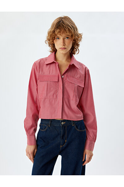 Koton Long Sleeve Crop Shirt - Classic Collar and Buttoned Pocket Detail