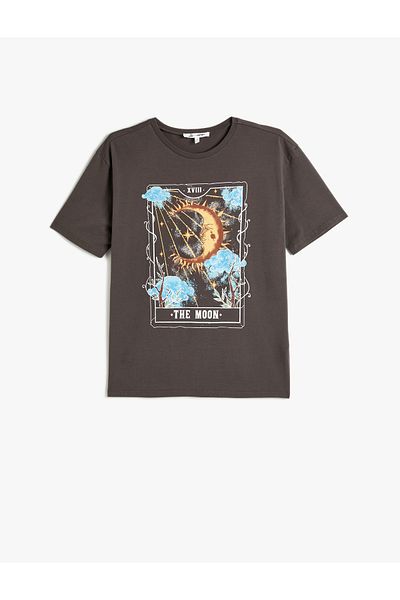 Koton Cotton Oversize Short Sleeve T-Shirt - Slogan Printed, Crew Neck