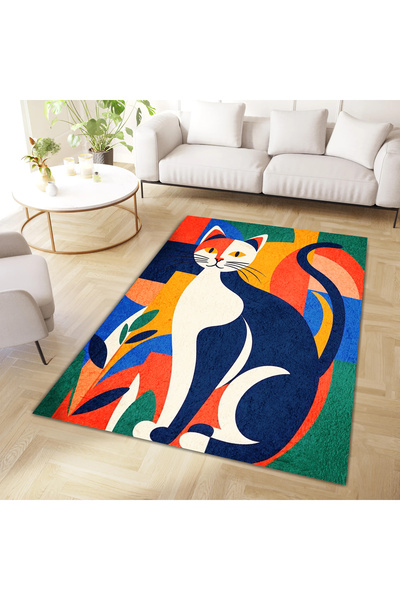 Rugs Modern Halı Kuzey Koleksiyonu Çok Renkli Kedi Desenli Dokuma Taban Dekor...