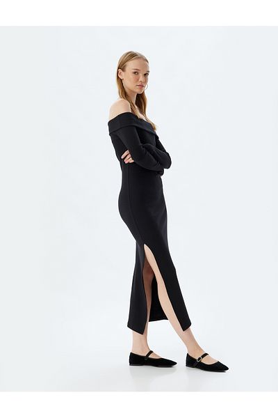Koton Μίντι Φόρεμα Slim Fit με ραβδωτή λαιμόκοψη και σκίσιμο - μακρυμάνικο