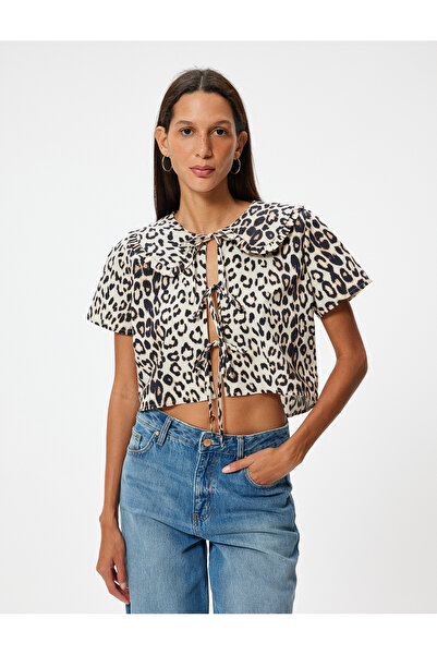 Koton Leopard Patterned Slim Fit Blouse - Baby Collar and Lace Detail